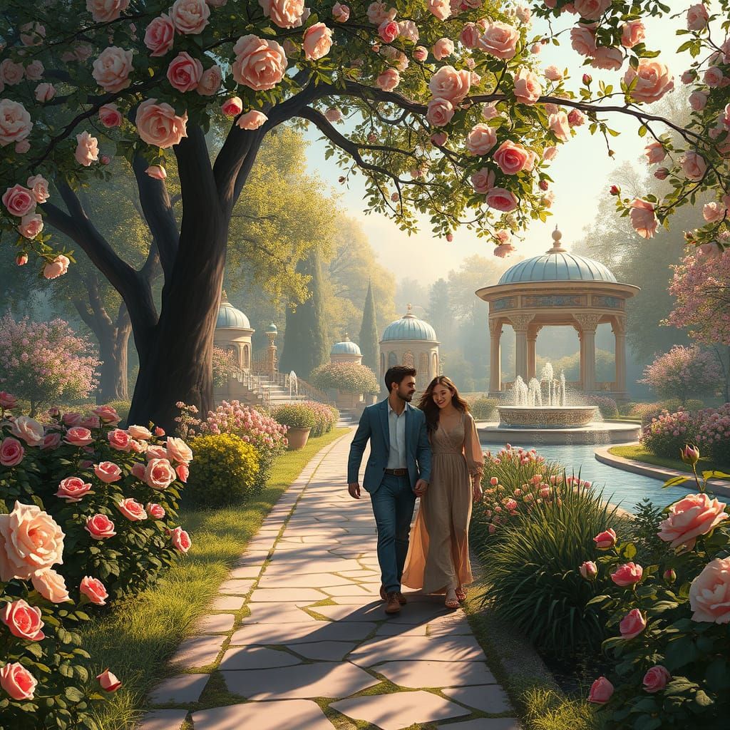 Serene Garden Scene in the Style of Mahmoud Farshchian