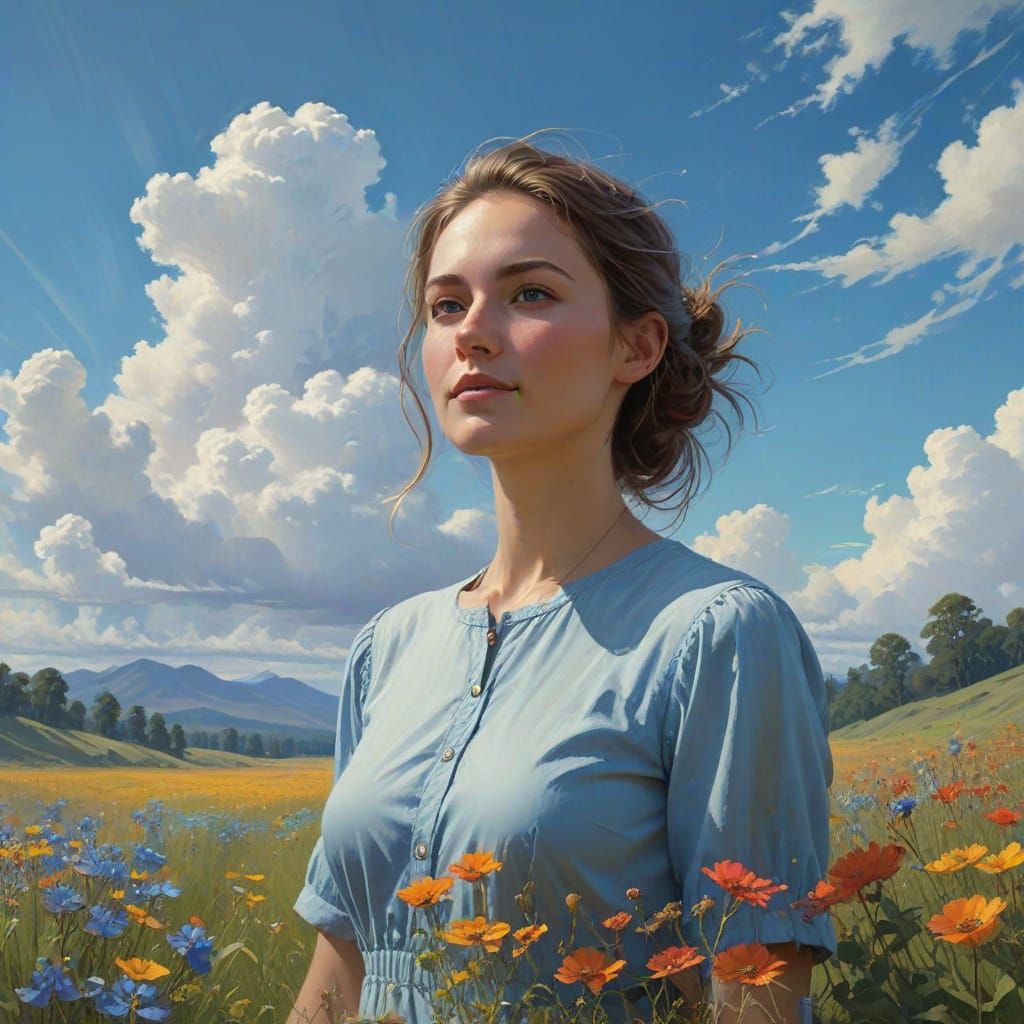 Dreamy Woman in Vibrant Wildflower Meadow