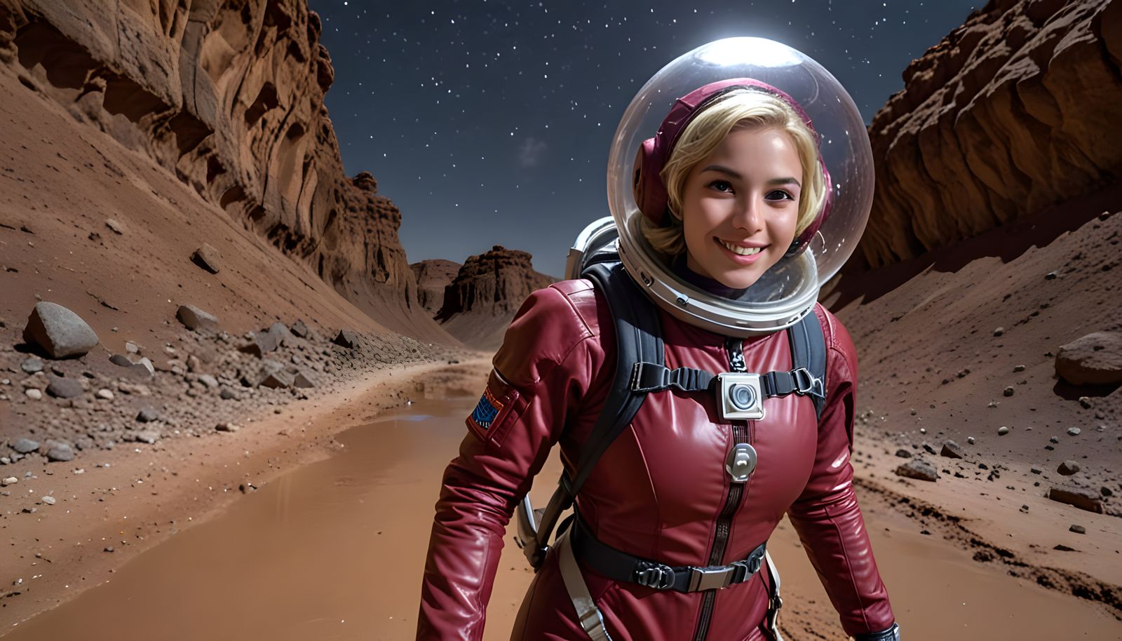 Colombian Astronaut Explores Desert Canyon at Night