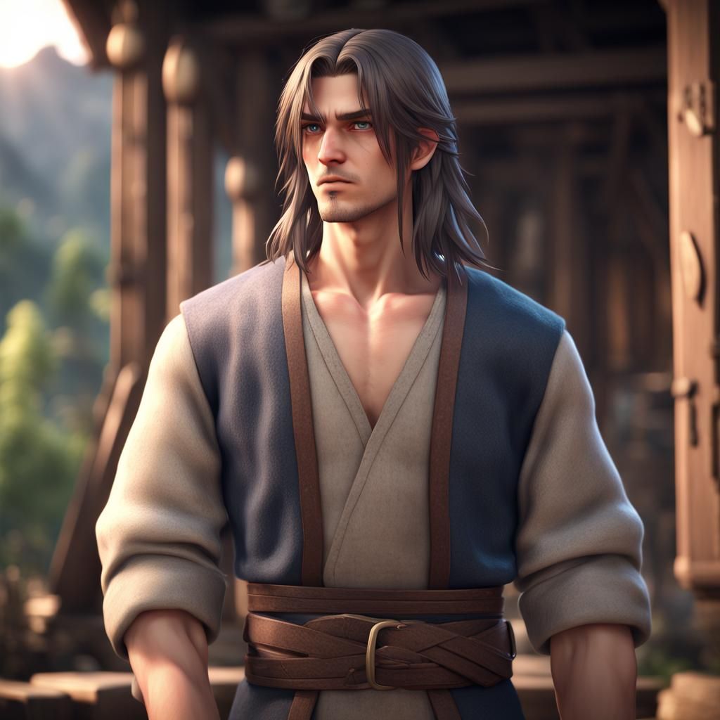 Sad Anime Villager Man in 3D Game Style