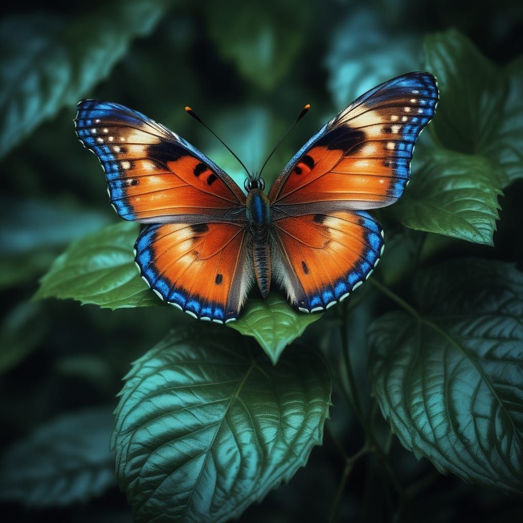 Hyper-Realistic Butterfly on Lush Green Leaves