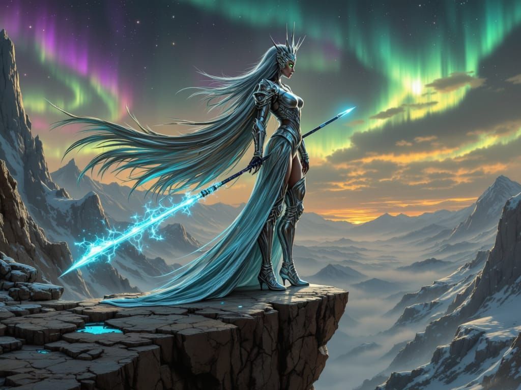 Heroine in Icy Realm with Aurora