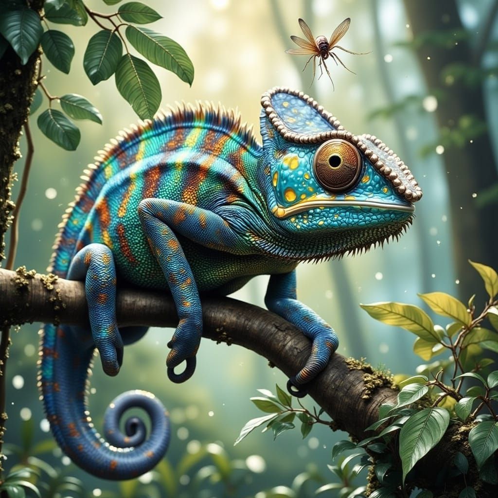 <lora:Exquisite Flux:1.0> "A colourful chameleon with its mo...