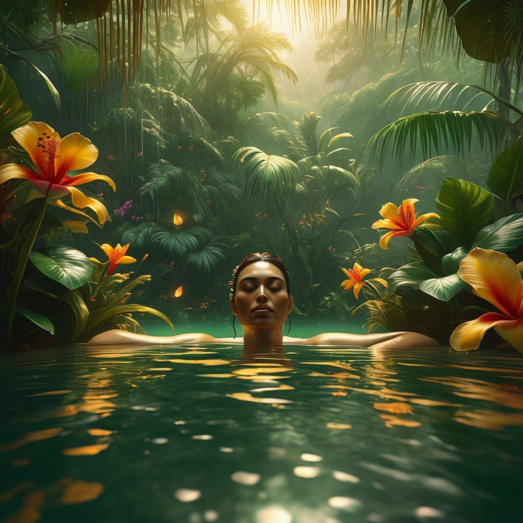 Tropical Surrealism: Luxurious Bath in Jungle, Oil Painting