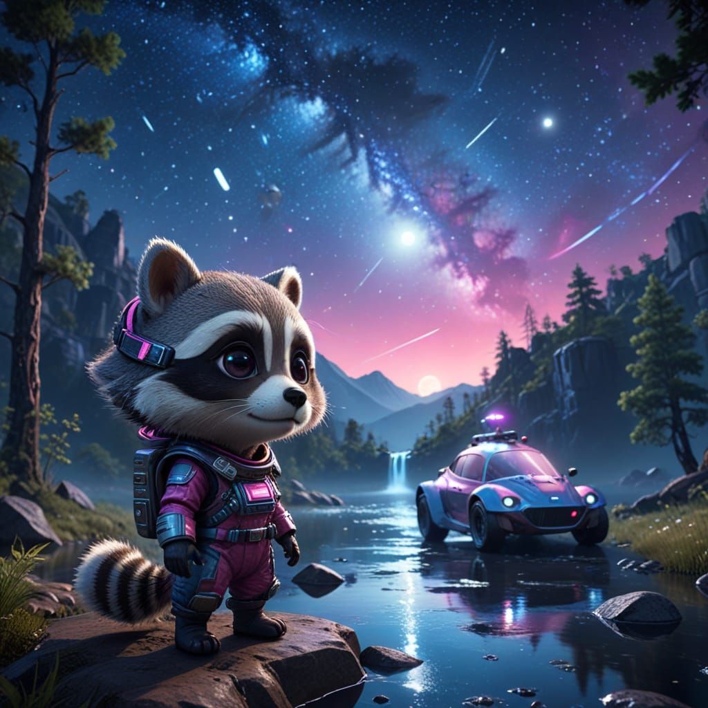 Chibi Raccoon Astronaut with Retro Spaceship