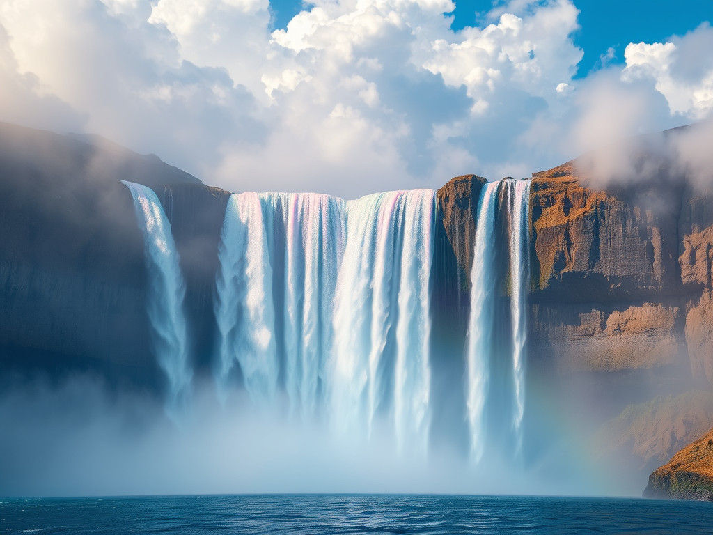 Rainbow Waterfalls Descend from Clouds in Dreamcore Style