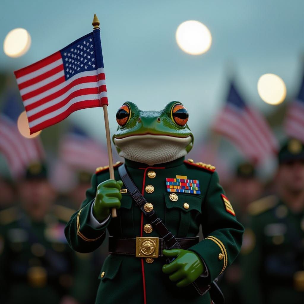 Frog General Leading a Political Rally: Gritty Film Photo