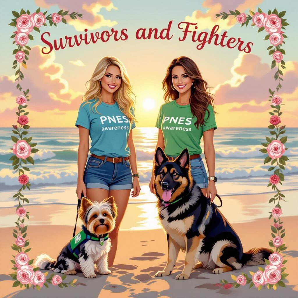 PNES Awareness: Women and Service Dogs on Sandy Shore