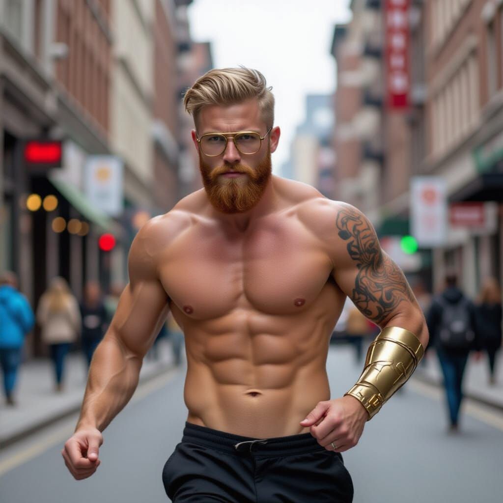 Street Parkour Athlete with Metal Arm and Glowing Tattoos