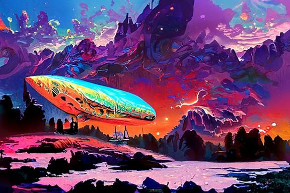 Dreamlike Spaceship in a Psychedelic Landscape