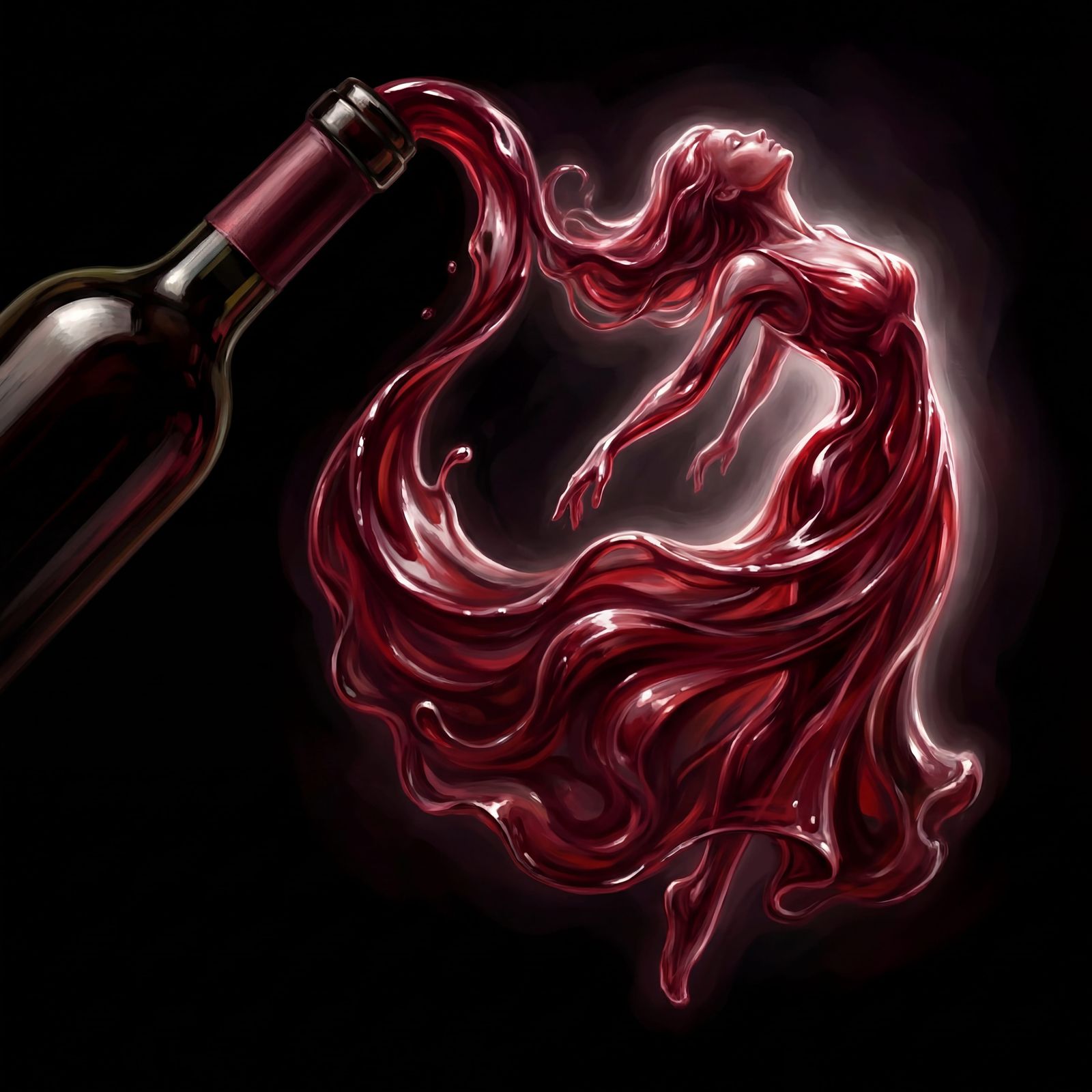 Liquid Dancer Emerges from Wine Bottle in Surreal Art Nouvea...