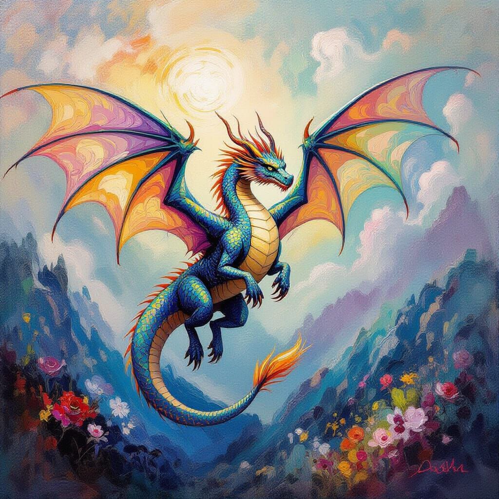 Majestic Dragon Soaring in Impressionistic Style