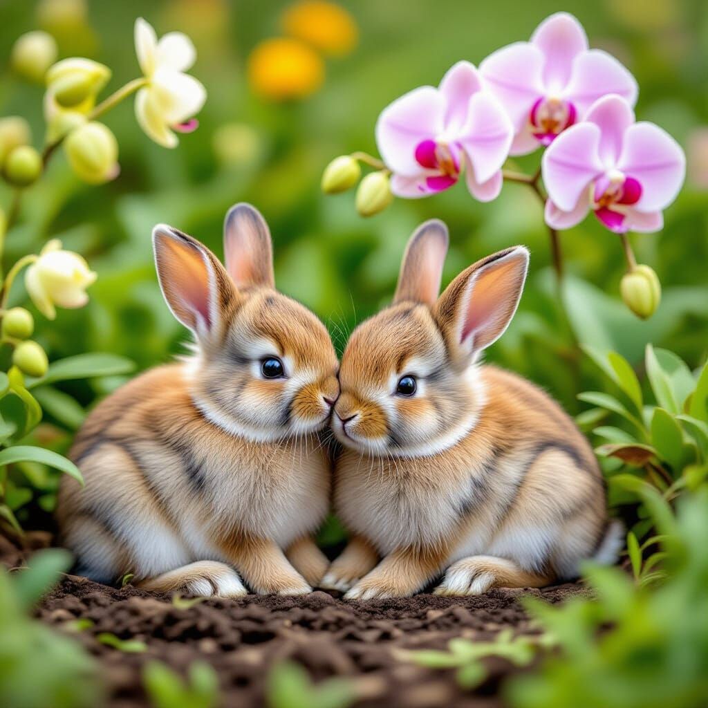 Two Baby Bunnies Resting in a Vibrant Flower Garden