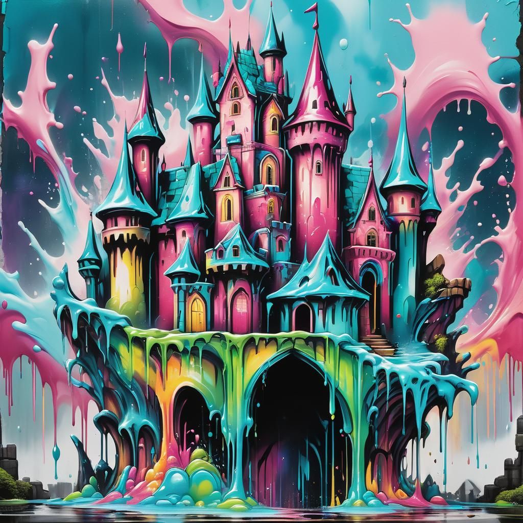 Teal and Rose Castle Attacked, Graffiti Street Art