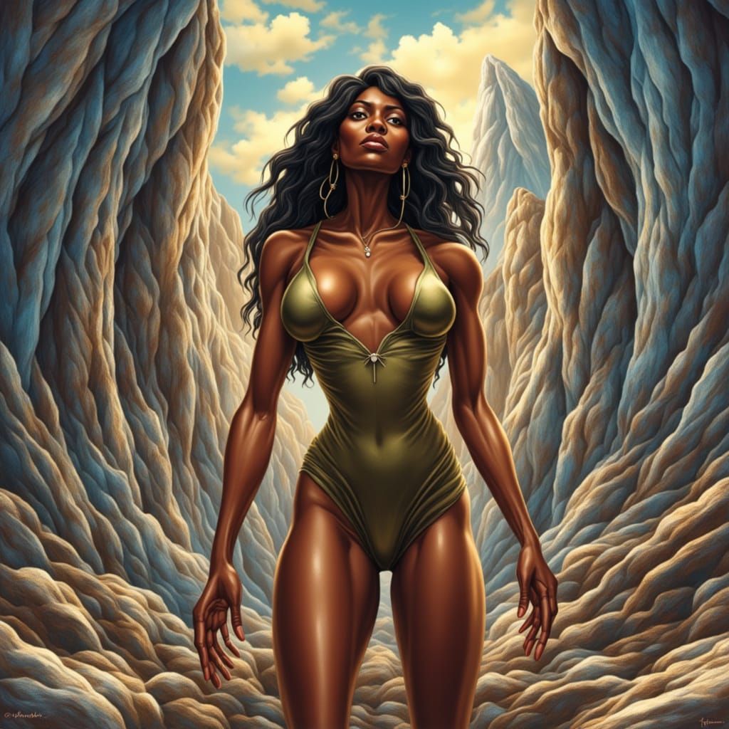 Ernie Barnes Style Woman in Fantasy Altar Scene