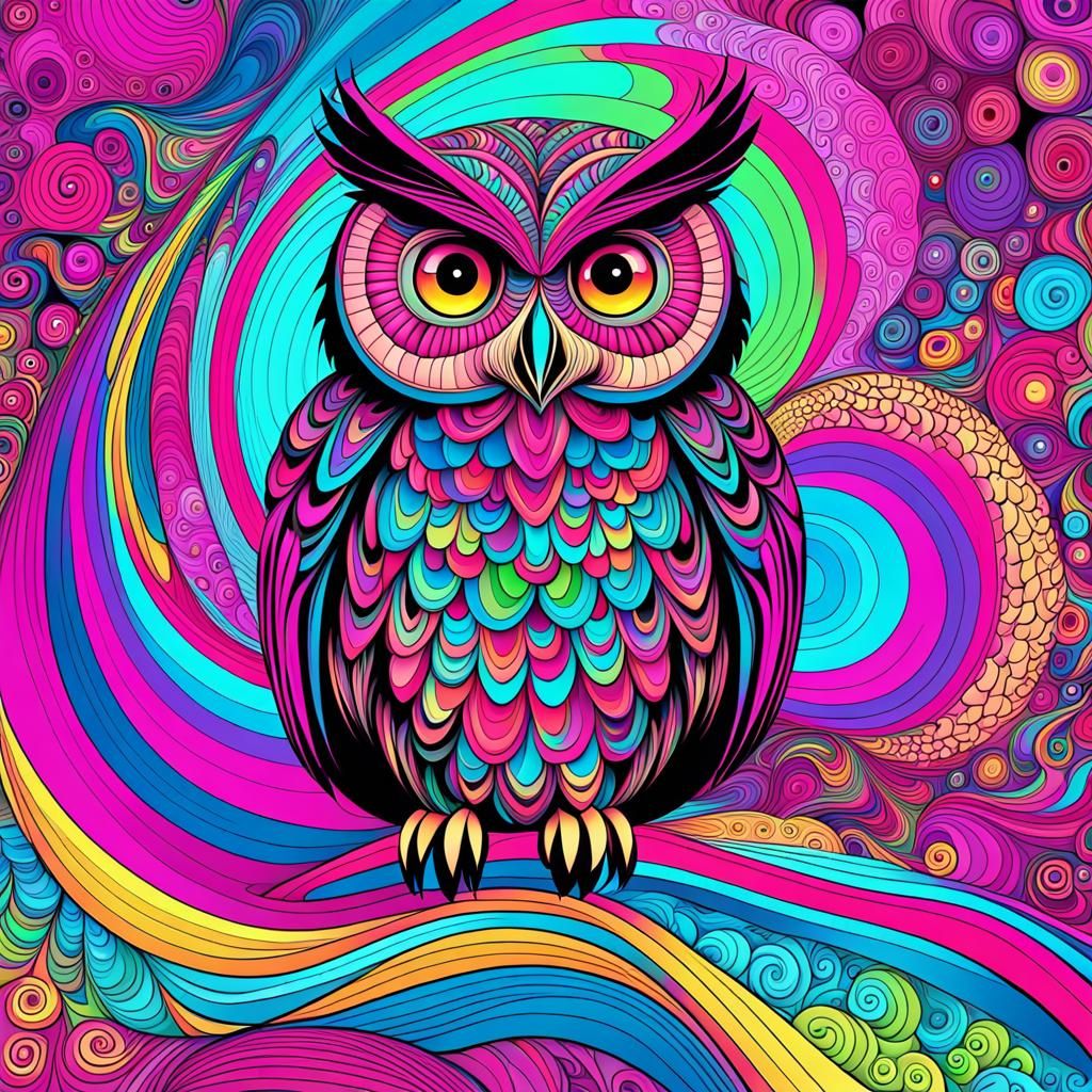 Abstract Owl with Pink Eyes in Fractal Rain