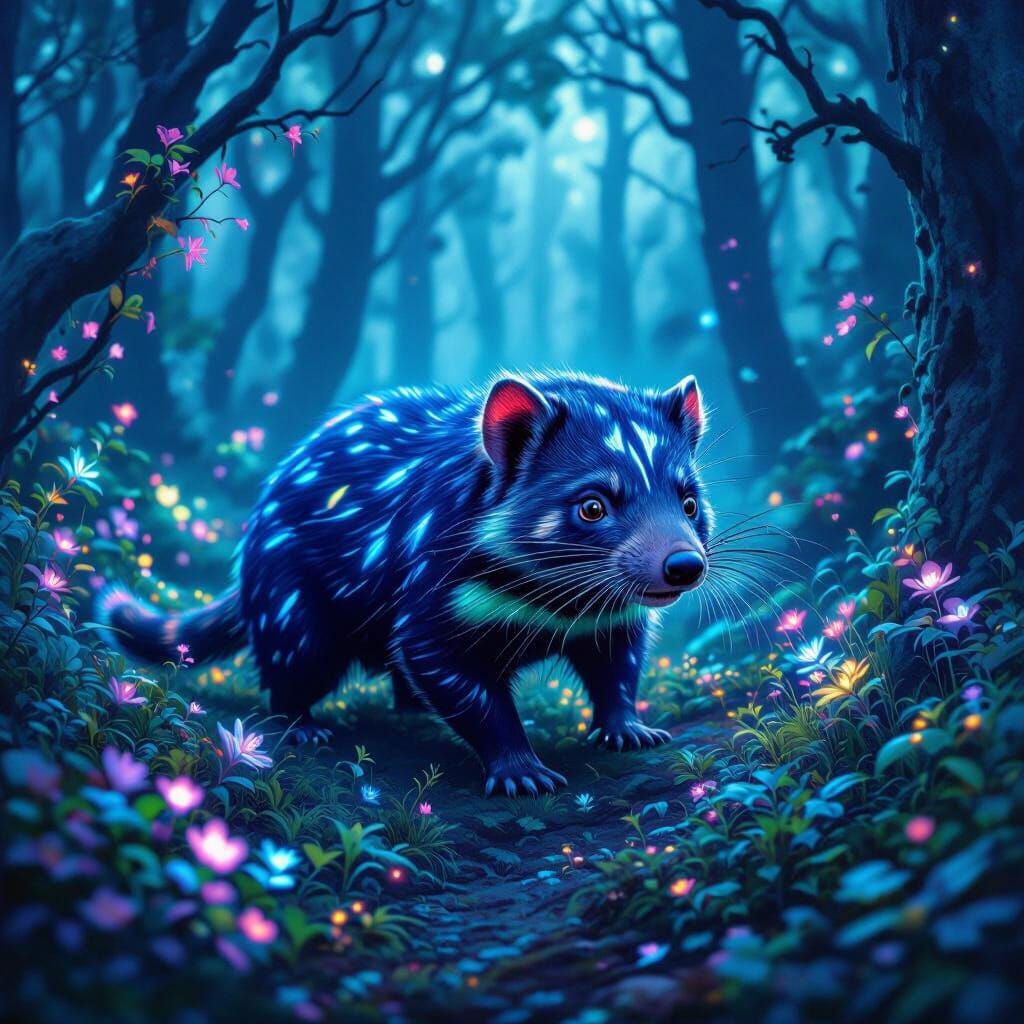 Bioluminescent Tasmanian Devil in a Dreamlike Forest
