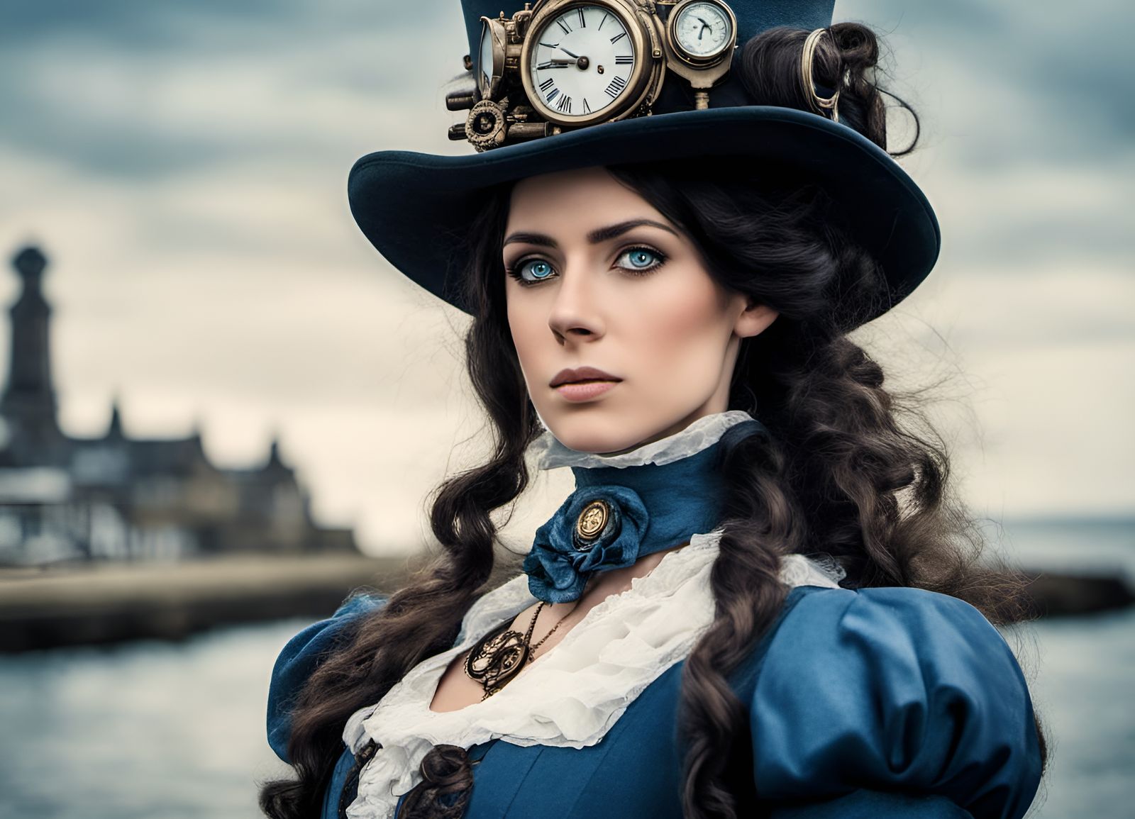 Victorian Woman by Seaside with Steampunk Engine
