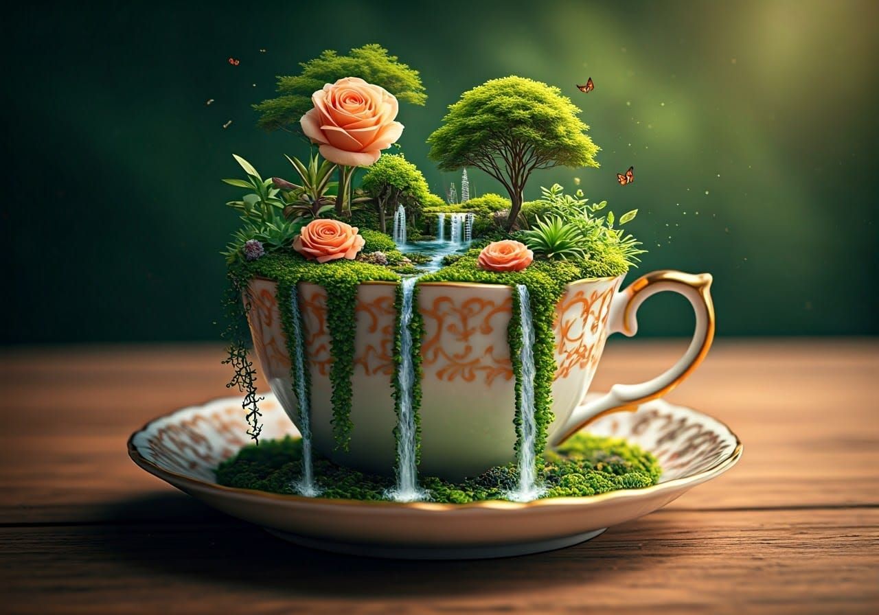 Miniature Ecosystem Thriving in Vintage Teacup