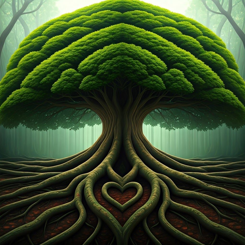 A Whimsical Green Tree with Heart-Shaped Roots