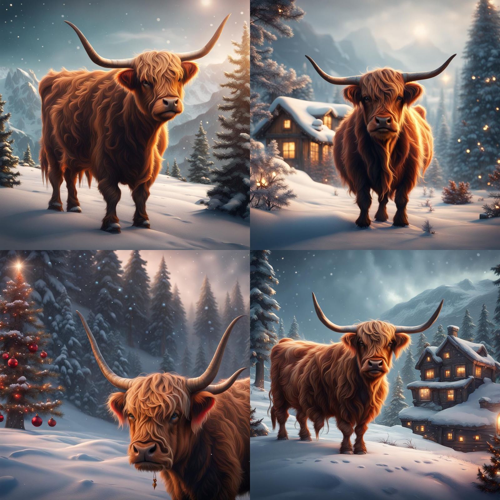 Festive Highland Cow Christmas: Detailed Matte Painting