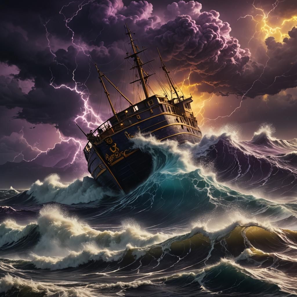 Fishing Boat in Stormy Sea: Dark Fantasy Art