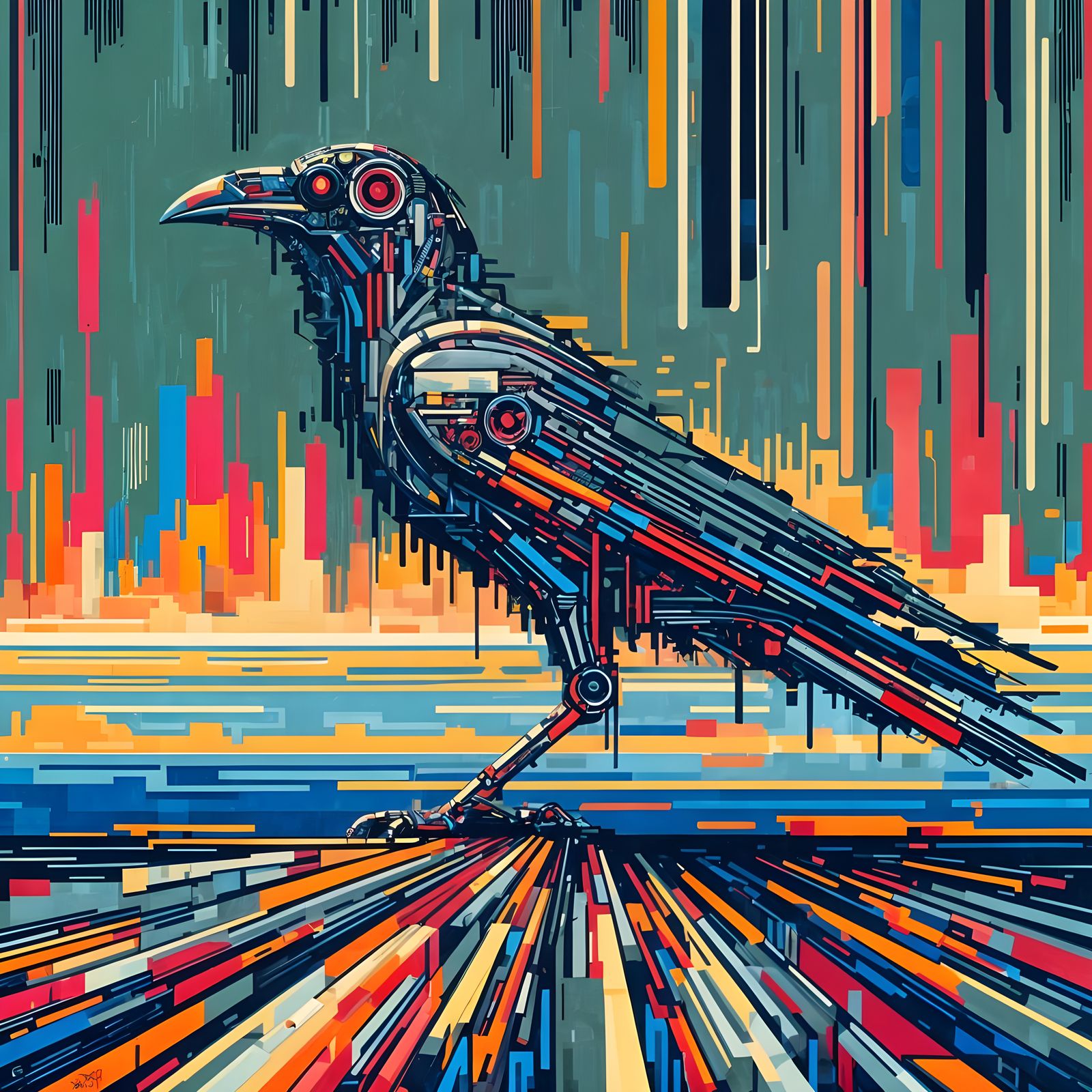 Cyberpunk Raven in Vibrant Hotel Room Landscape