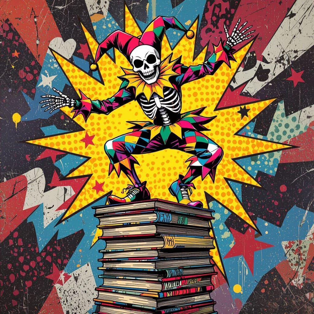 Skeleton Jester Dances on Comic Books in Pop Art Style