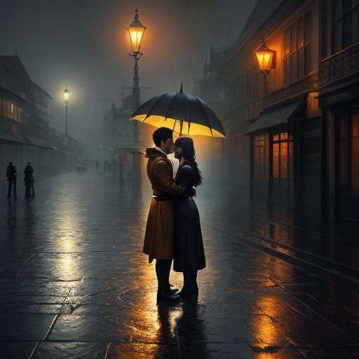 Romantic Couple Embrace in Rain, Miyazaki-Inspired