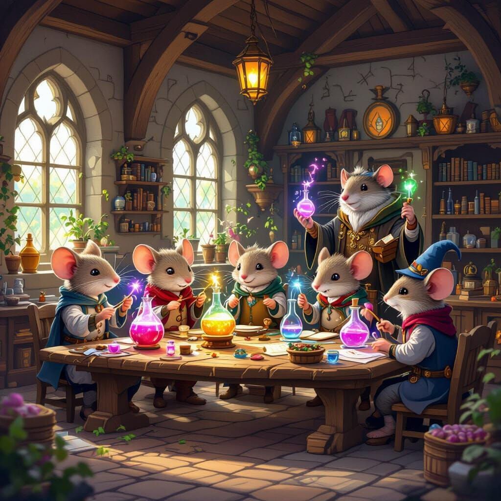 Mouse Students Practice Potion Making in Magic Classroom