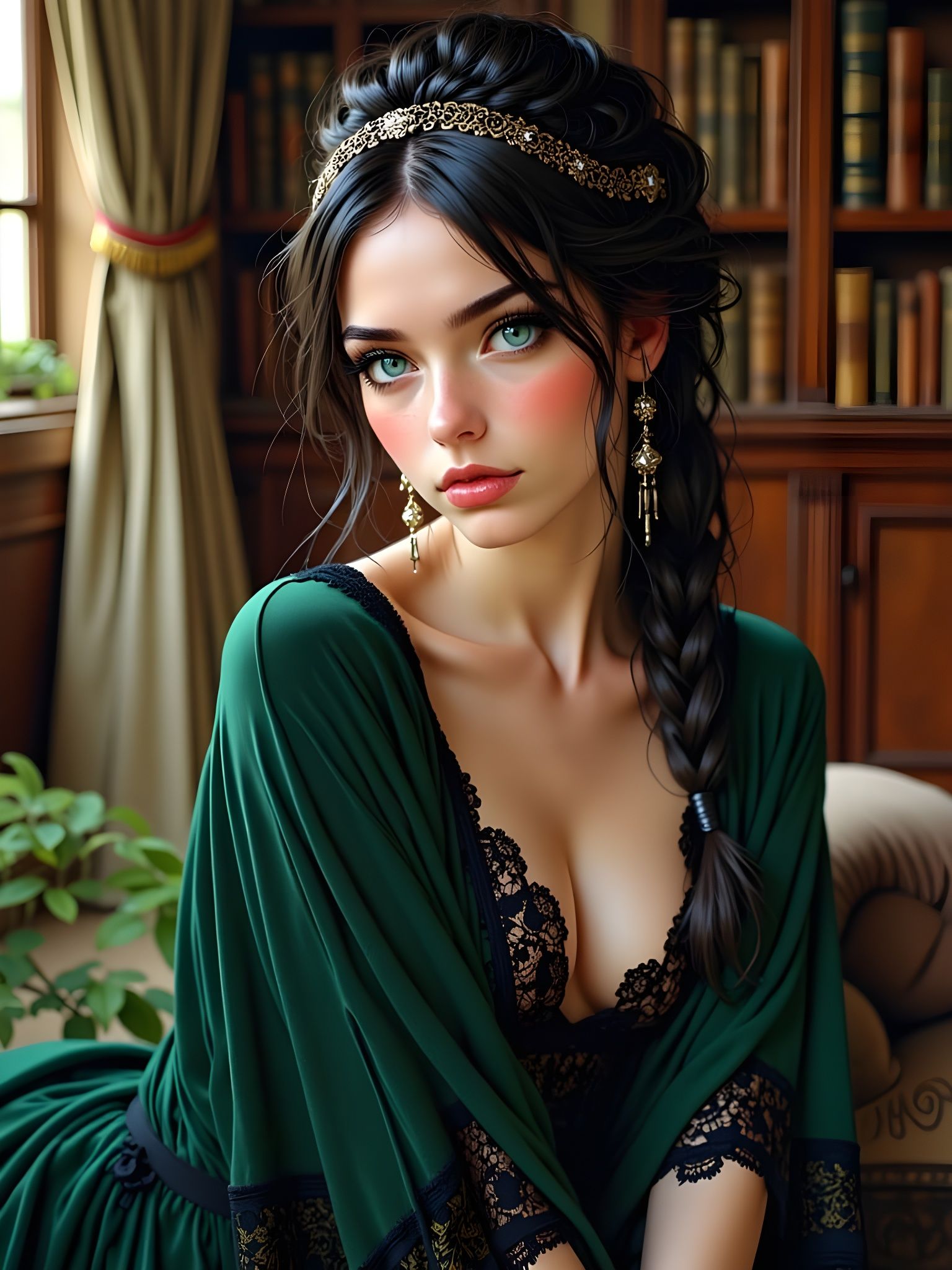 Mysterious Victorian Beauty in Emerald Robe
