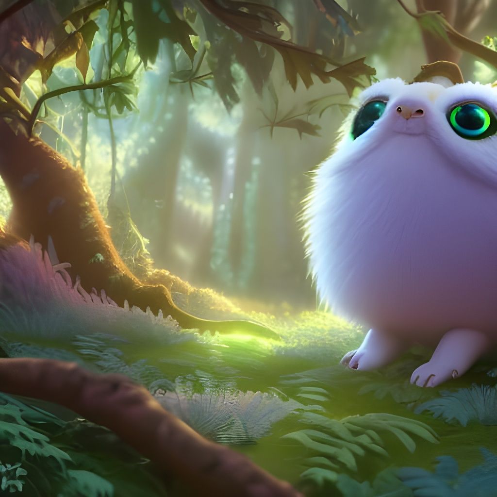 Fluffy Creature in Magical Forest, 3D Rendered