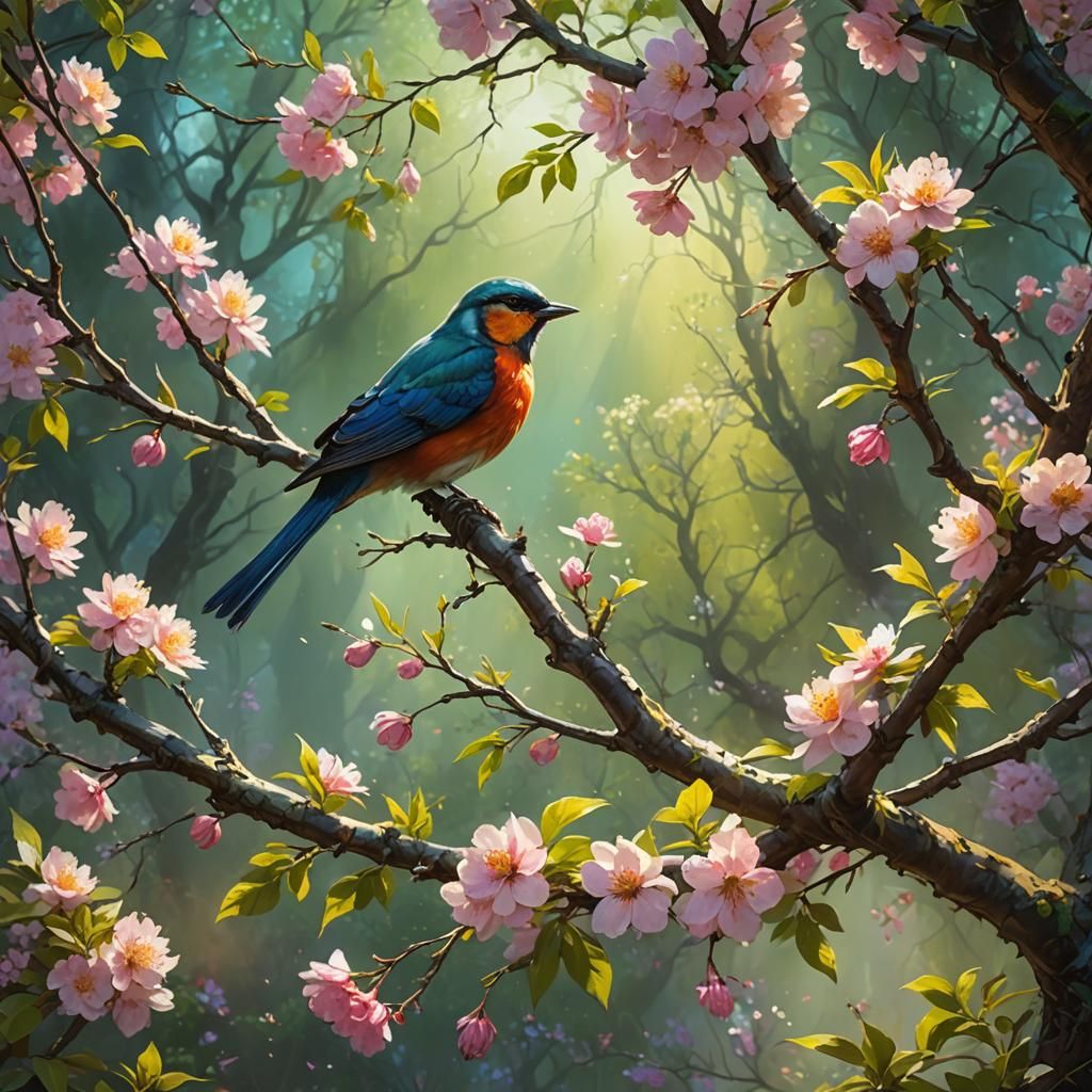 Bird on Spring Tree in Mystical Fantasy Style