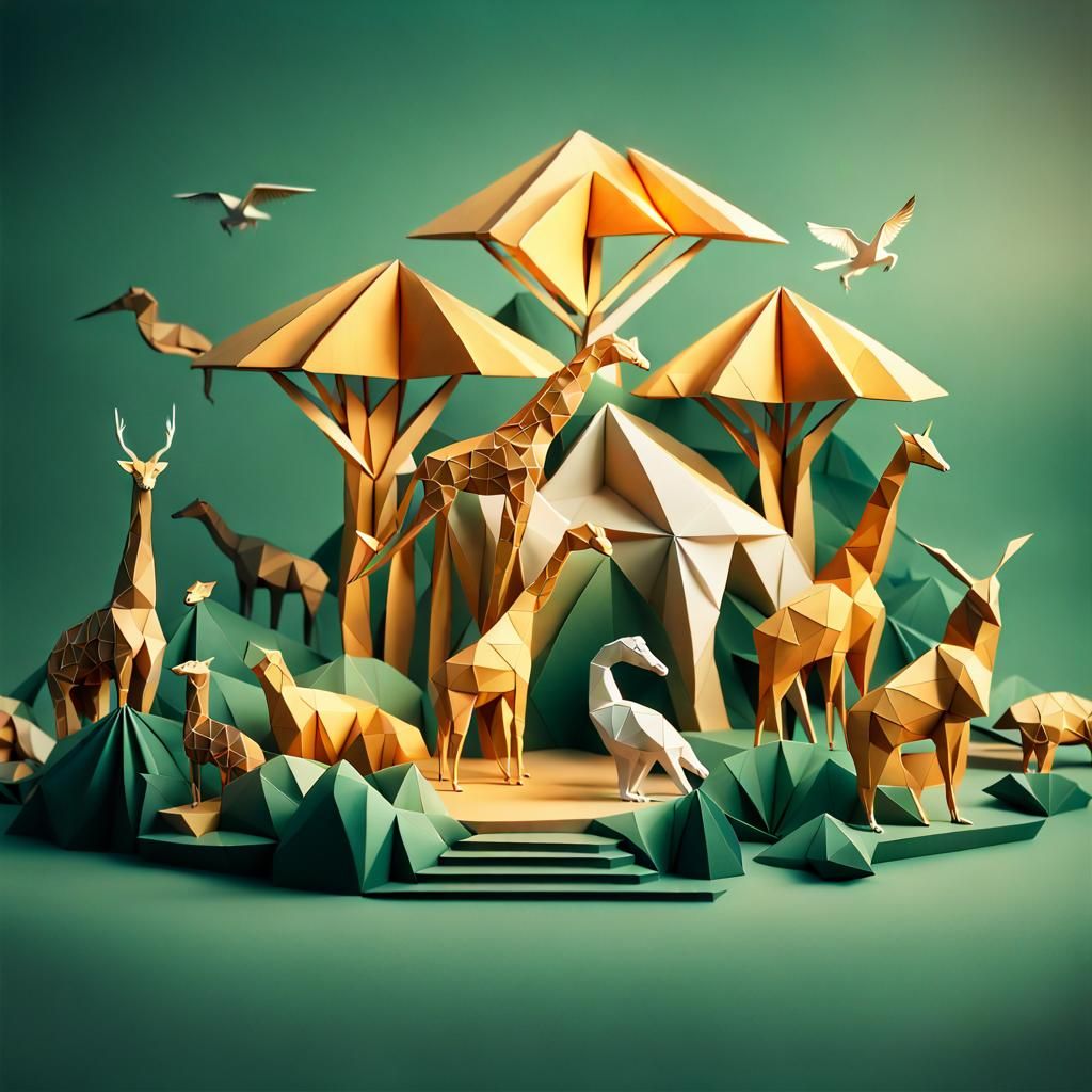 Origami Zoo Animals in Spring Golden Hour