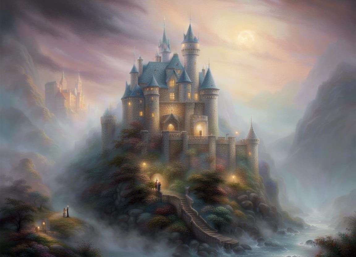 Ethereal Smoke Castle in Misty Fantasy Landscape