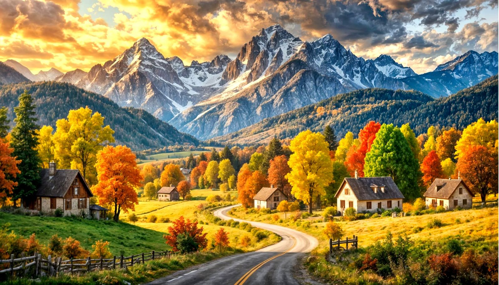 Vibrant Autumn Alps Landscape with Cozy Houses