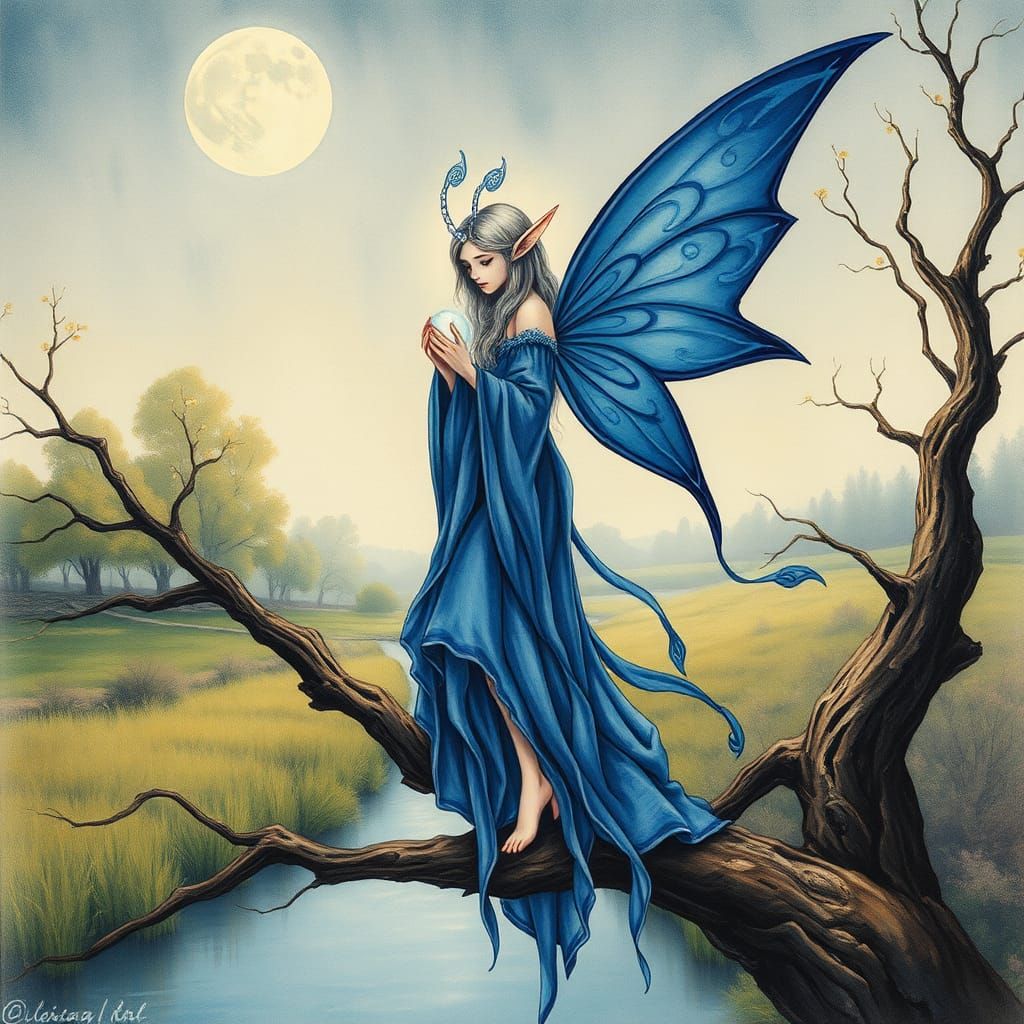 Fairy Elf Overlooking Summer River in Surreal Impasto