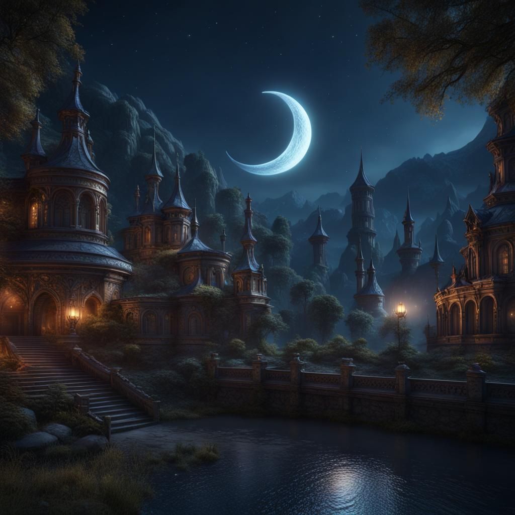 Midnight Crescent Moon: Fantasy Concept Art