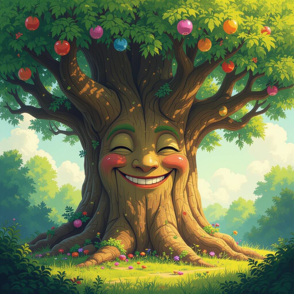 Smiling Tree with Colorful Leaves in Whimsical Style