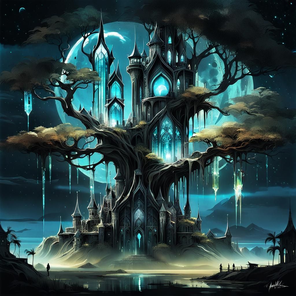 Crystal City Treehouses Floating in Bioluminescent Sky