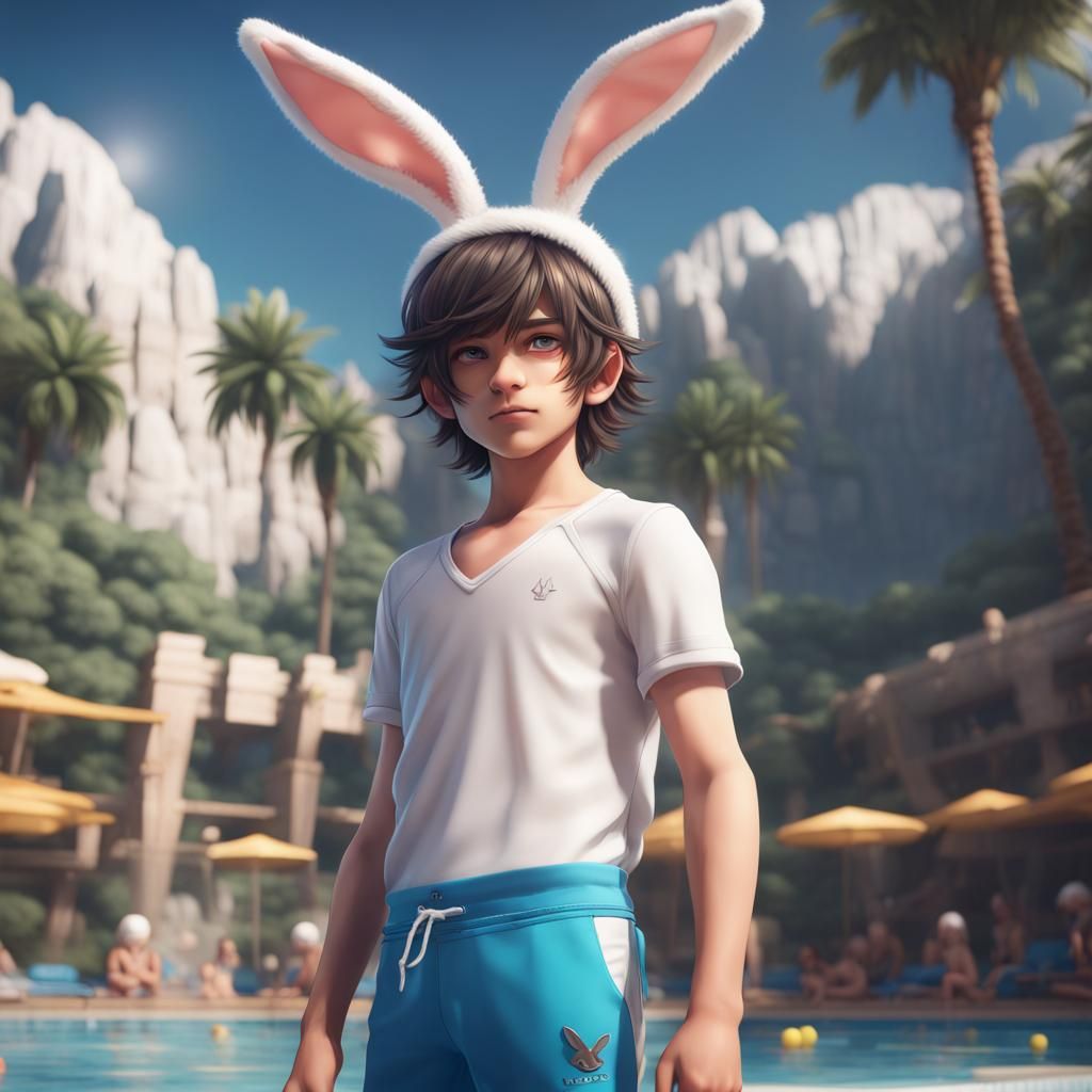 Anime Boy with Bunny Ears at Olympic Pool
