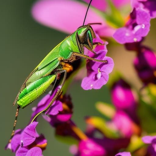 Grasshopper on Flower in Gouache Watercolor Style