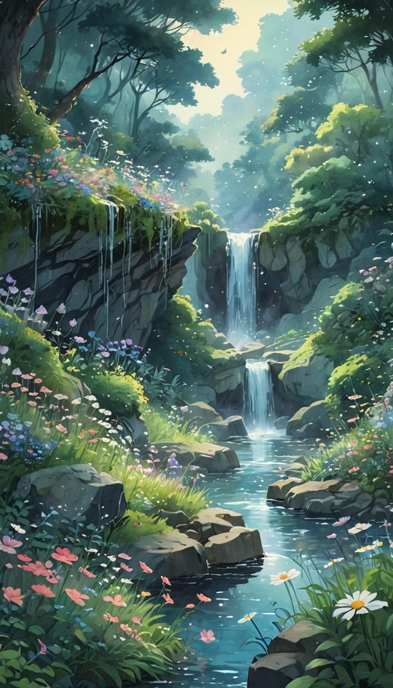 Enchanting Waterfall Illustration in Ghibli Style