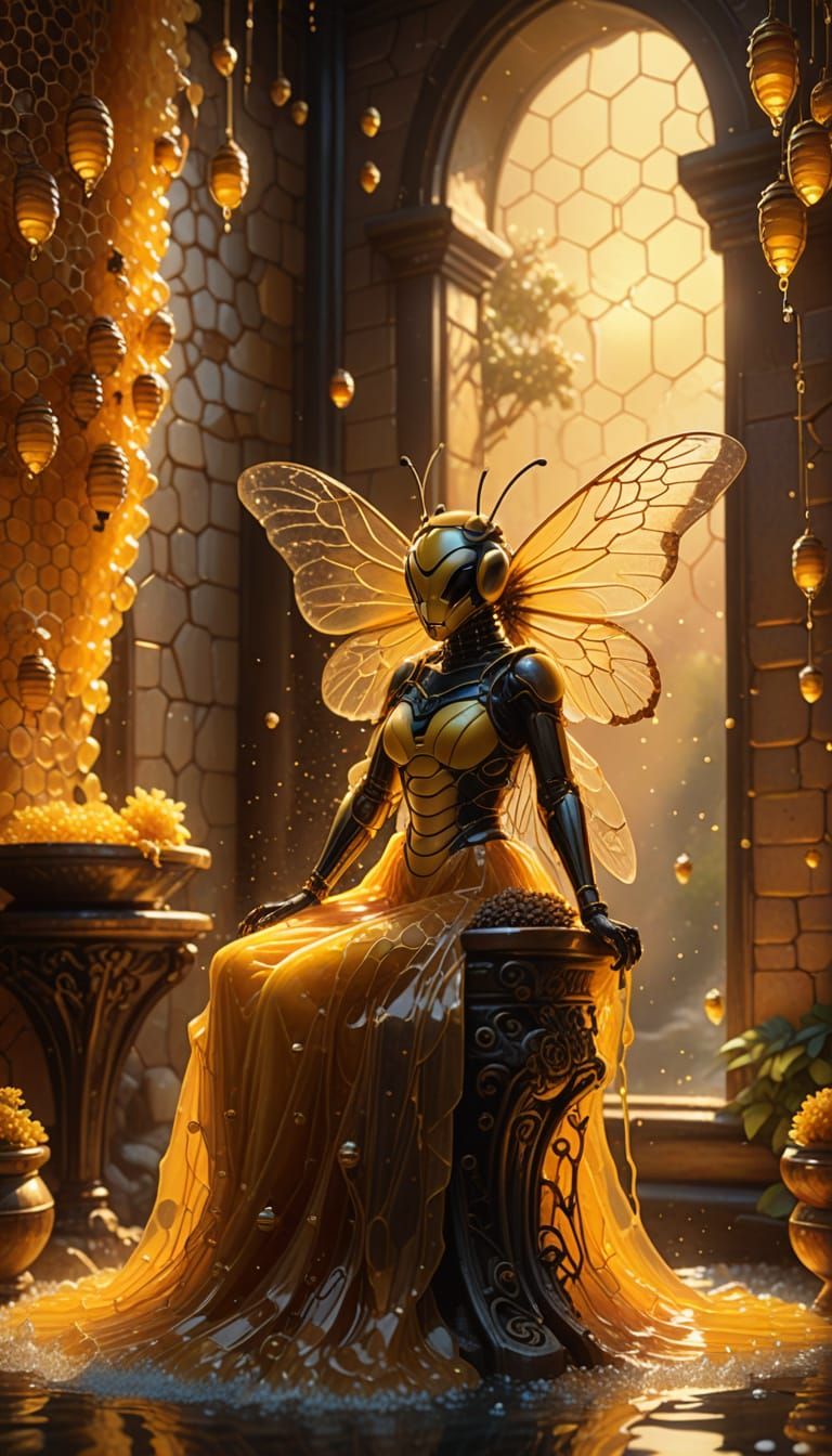 Ethereal Fantasy Queen Bee in Golden Honeycombed Throne Room