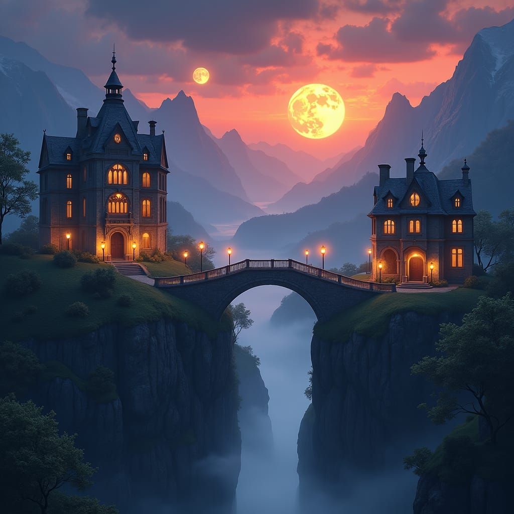 Majestic Mansions Under Twin Moons: Dreamlike Vista