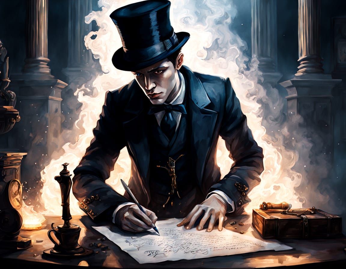 Dark Fantasy Scribe Writing with Dagger in Steampunk Style