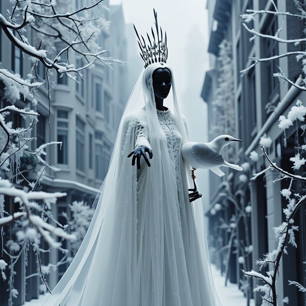 <lora:Day Of The Dead:1.0> Snow Queen Jacquelyn  Frost  ice glazing a city that is turning into a Winter Forest  scene ,...