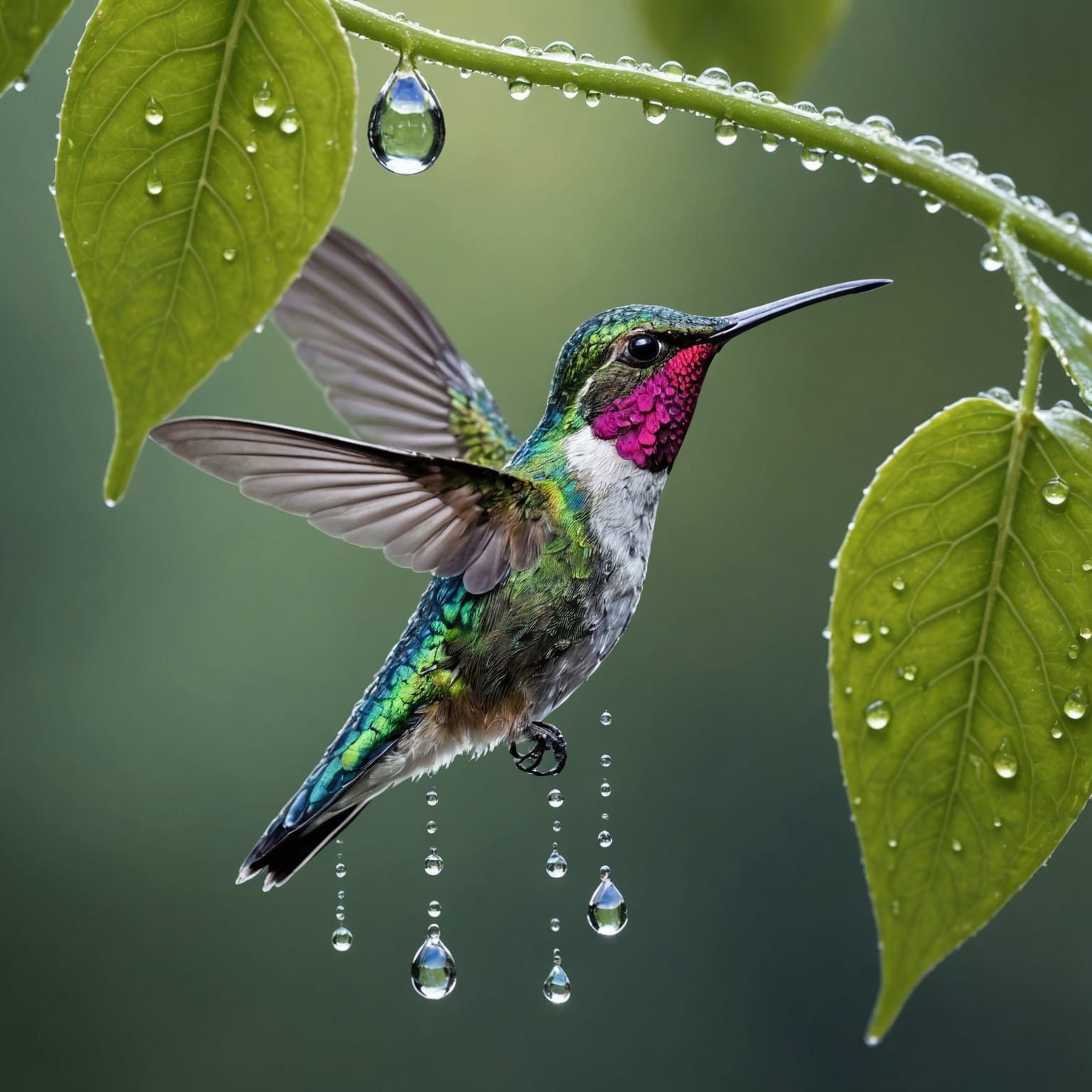 Hummingbird Drinks from Raindrop in Hyperreal Detail