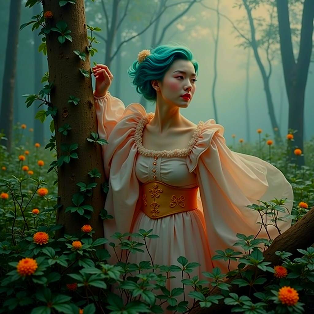 Mystical Forest Scene with Fog and Diverse Elements