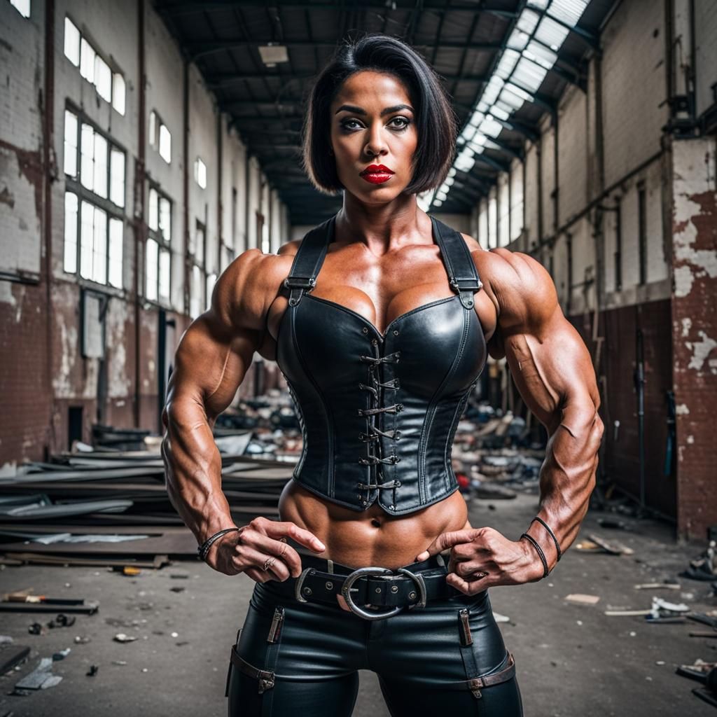 Muscular Woman in Leather, Photorealistic Portrait